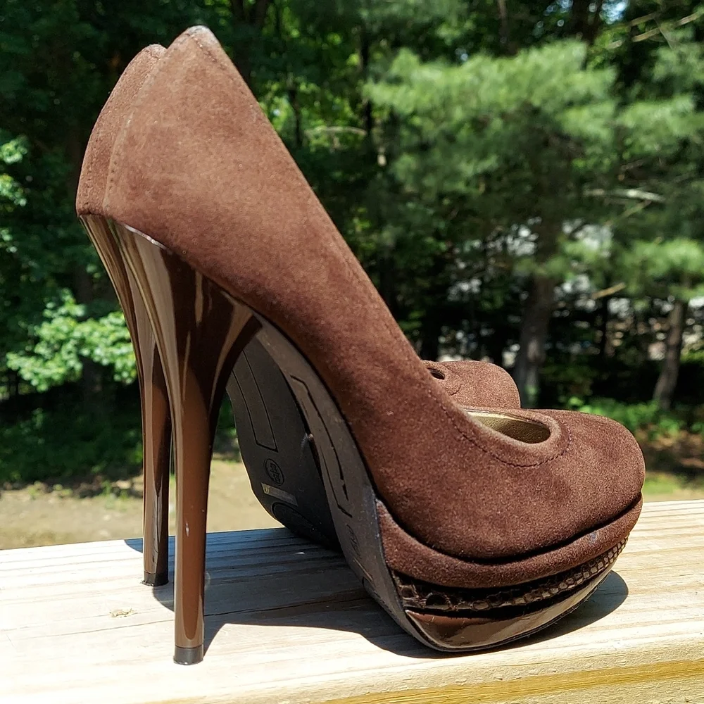 Vintage Fusion Brown faux suede Platform Slip-on Stilettos High Heels Sz 5 1/2